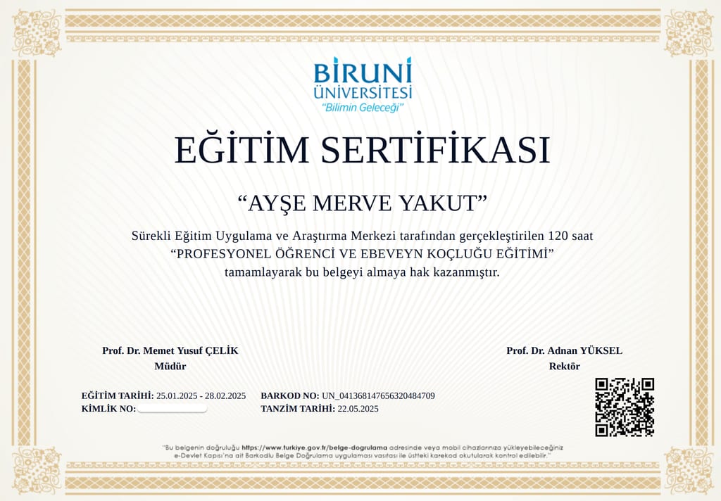 Ayşe Merve Yakut profesyonel öğrenci ve ebeveyn koçluğu eğitim sertifikası